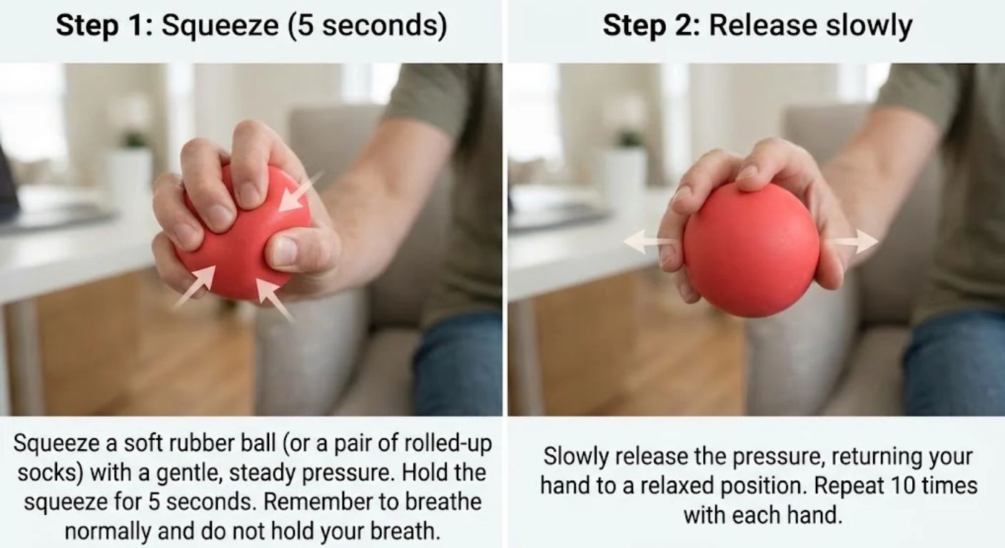 Ball squeeze: a hand gently squeezing a soft rubber ball