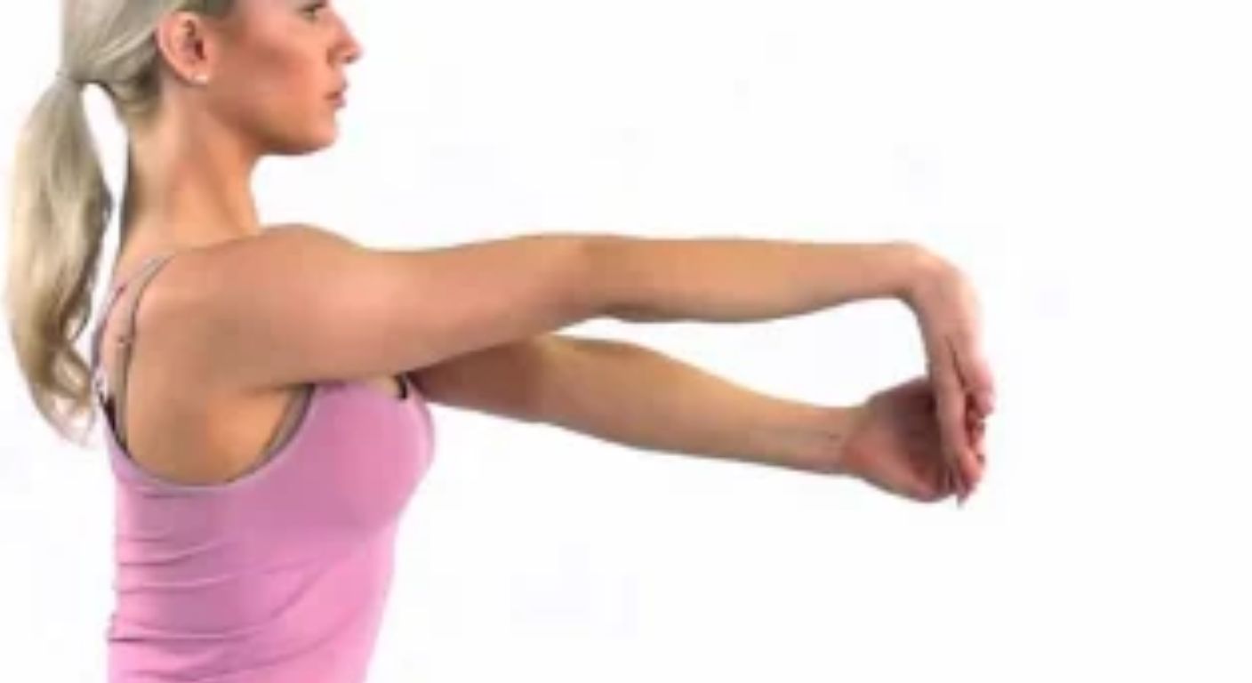 Wrist flexor stretch: arm straight, palm facing up, other hand gently pulling the fingers down