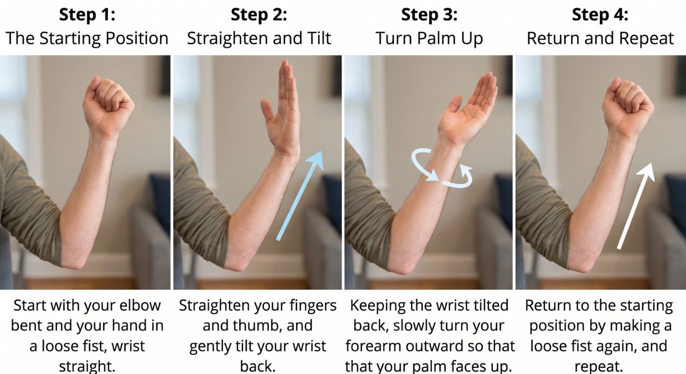 Median nerve glide: loose fist, fingers straightened with wrist tilted back, then forearm turned so the palm faces up