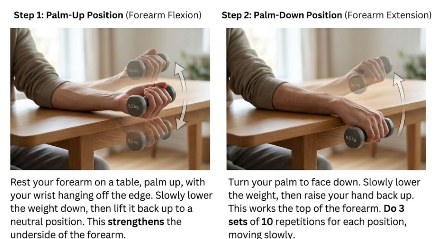 Wrist curl with a light weight: forearm resting on a table with the wrist hanging off the edge